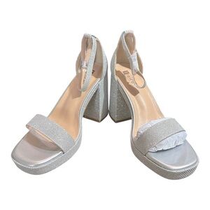 IDIFU Silver Glitter Block Heels | Square Toe Ankle Strap Sandals |Size 7.5, 8.0